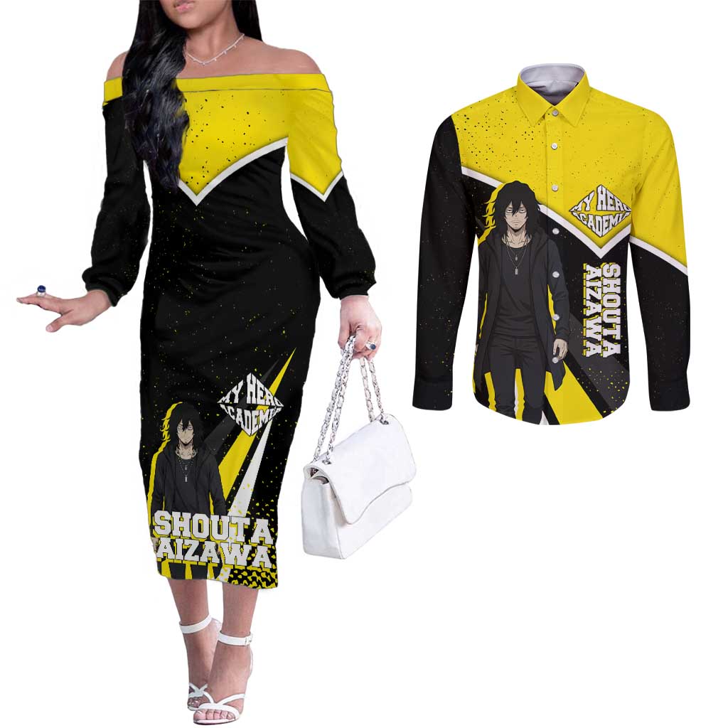 Shouta Aizawa My Hero Academia Couples Matching Off The Shoulder Long Sleeve Dress and Long Sleeve Button Shirt Anime Grunge Splatter Graphic Style