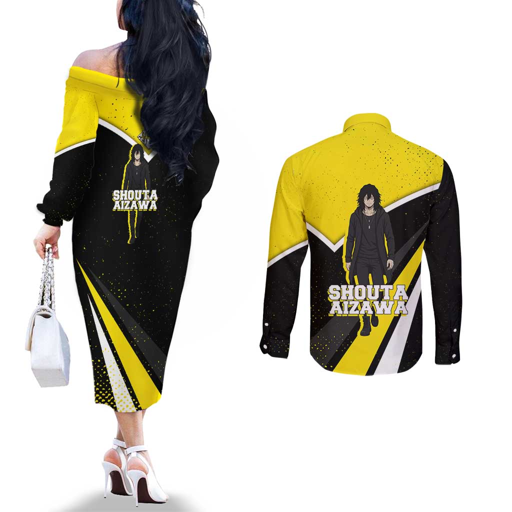 Shouta Aizawa My Hero Academia Couples Matching Off The Shoulder Long Sleeve Dress and Long Sleeve Button Shirt Anime Grunge Splatter Graphic Style