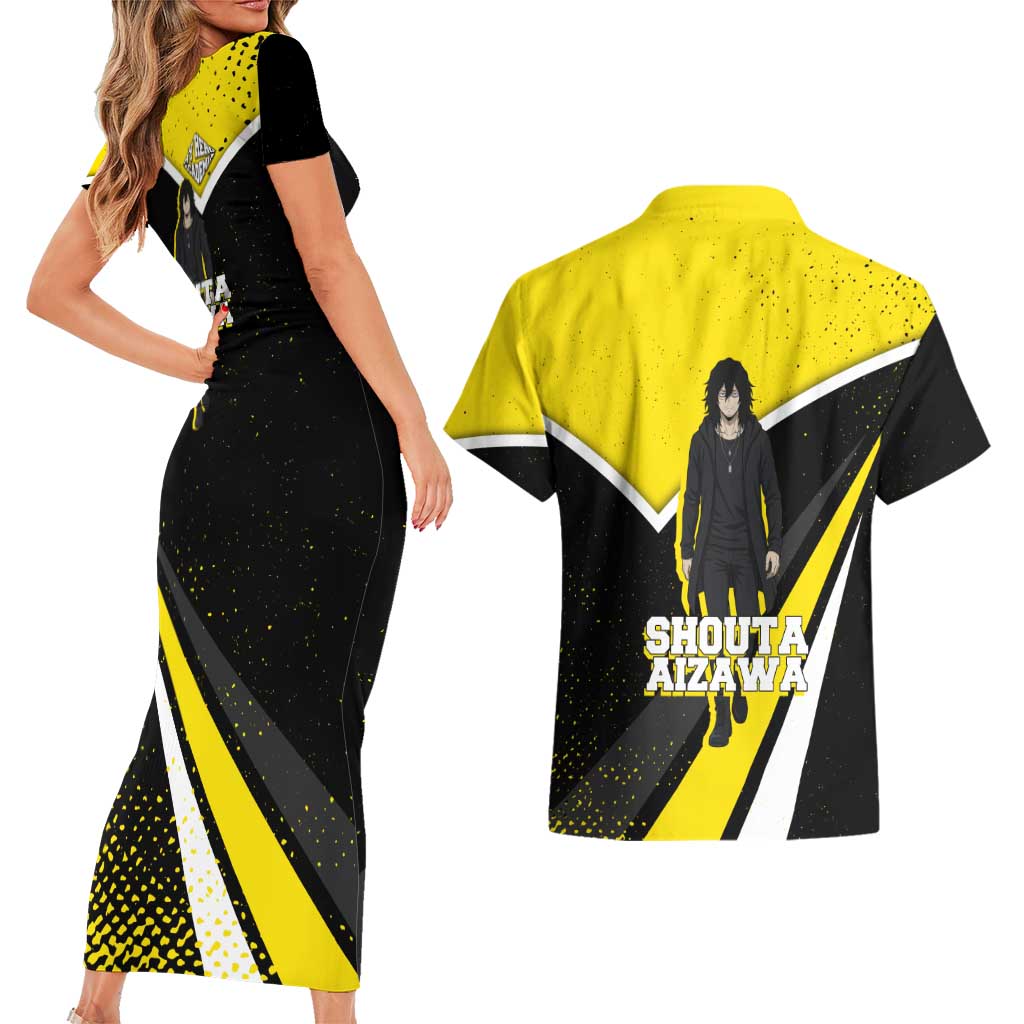 Shouta Aizawa My Hero Academia Couples Matching Short Sleeve Bodycon Dress and Hawaiian Shirt Anime Grunge Splatter Graphic Style