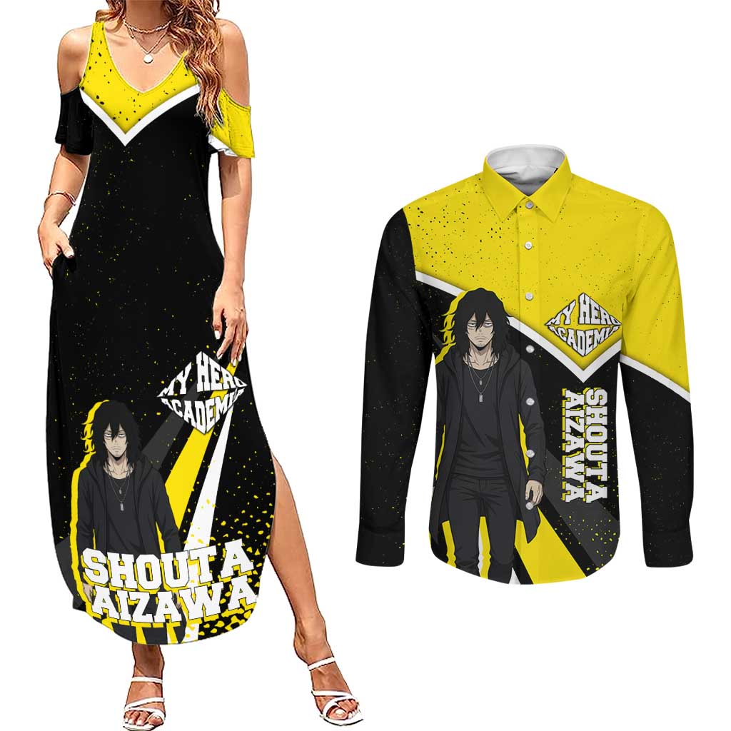Shouta Aizawa My Hero Academia Couples Matching Summer Maxi Dress and Long Sleeve Button Shirt Anime Grunge Splatter Graphic Style