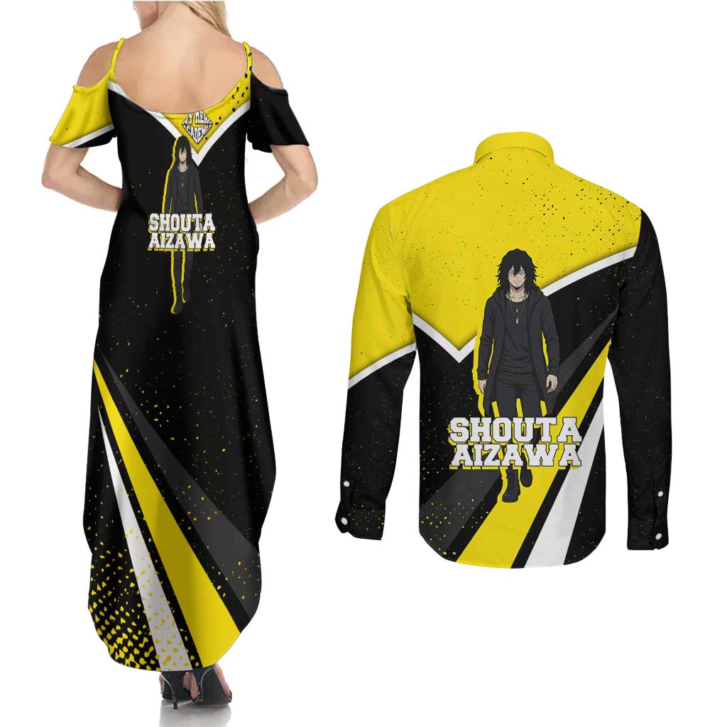 Shouta Aizawa My Hero Academia Couples Matching Summer Maxi Dress and Long Sleeve Button Shirt Anime Grunge Splatter Graphic Style