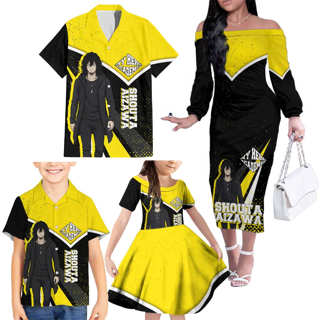 Shouta Aizawa My Hero Academia Family Matching Off The Shoulder Long Sleeve Dress and Hawaiian Shirt Anime Grunge Splatter Graphic Style