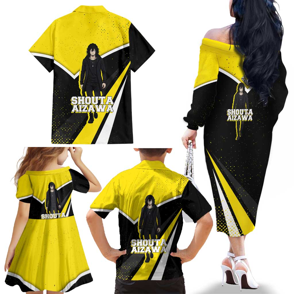 Shouta Aizawa My Hero Academia Family Matching Off The Shoulder Long Sleeve Dress and Hawaiian Shirt Anime Grunge Splatter Graphic Style