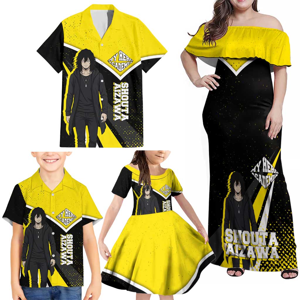Shouta Aizawa My Hero Academia Family Matching Off Shoulder Maxi Dress and Hawaiian Shirt Anime Grunge Splatter Graphic Style