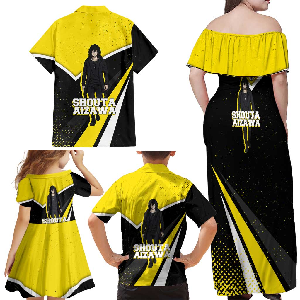 Shouta Aizawa My Hero Academia Family Matching Off Shoulder Maxi Dress and Hawaiian Shirt Anime Grunge Splatter Graphic Style