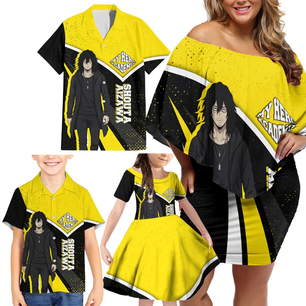 Shouta Aizawa My Hero Academia Family Matching Off Shoulder Short Dress and Hawaiian Shirt Anime Grunge Splatter Graphic Style