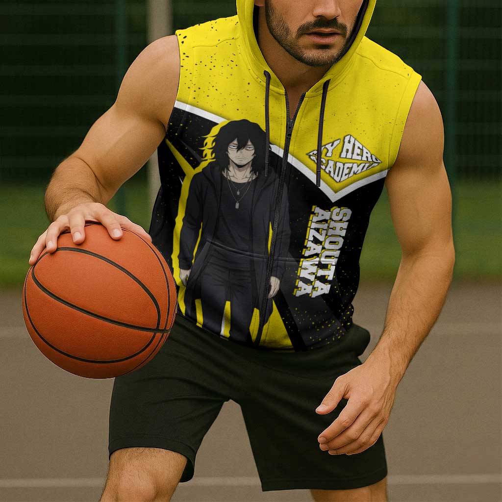 Shouta Aizawa My Hero Academia Sleeveless Zip Hoodie Anime Grunge Splatter Graphic Style