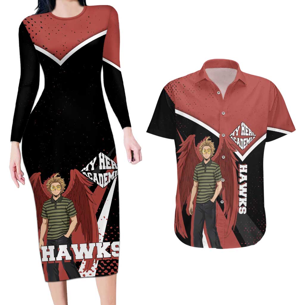 Hawks My Hero Academia Couples Matching Long Sleeve Bodycon Dress and Hawaiian Shirt Anime Grunge Splatter Graphic Style