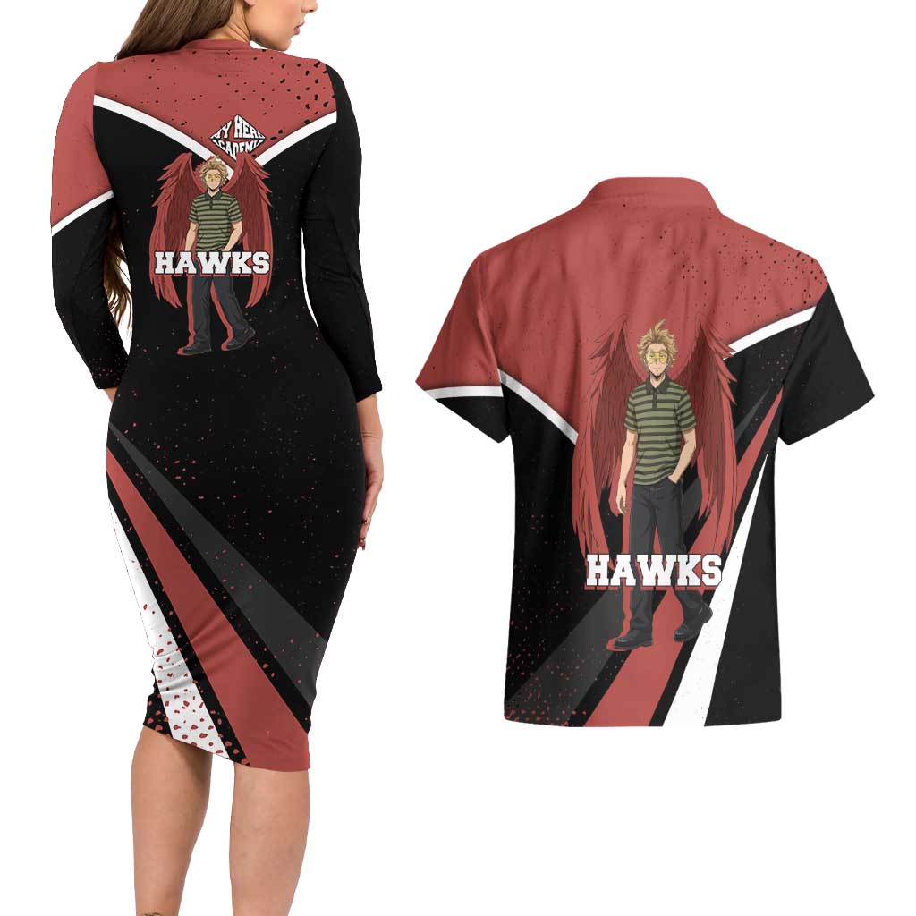 Hawks My Hero Academia Couples Matching Long Sleeve Bodycon Dress and Hawaiian Shirt Anime Grunge Splatter Graphic Style