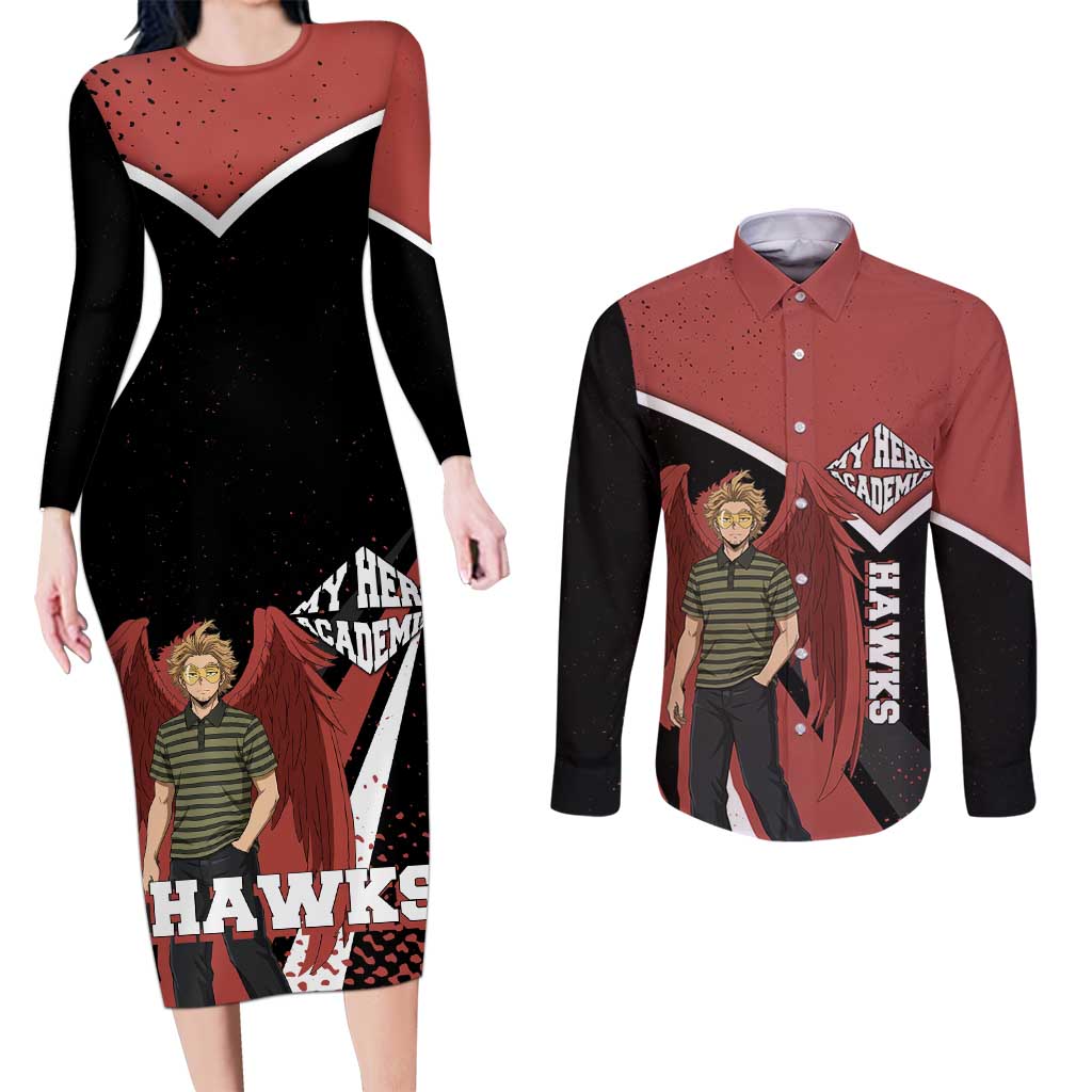 Hawks My Hero Academia Couples Matching Long Sleeve Bodycon Dress and Long Sleeve Button Shirt Anime Grunge Splatter Graphic Style