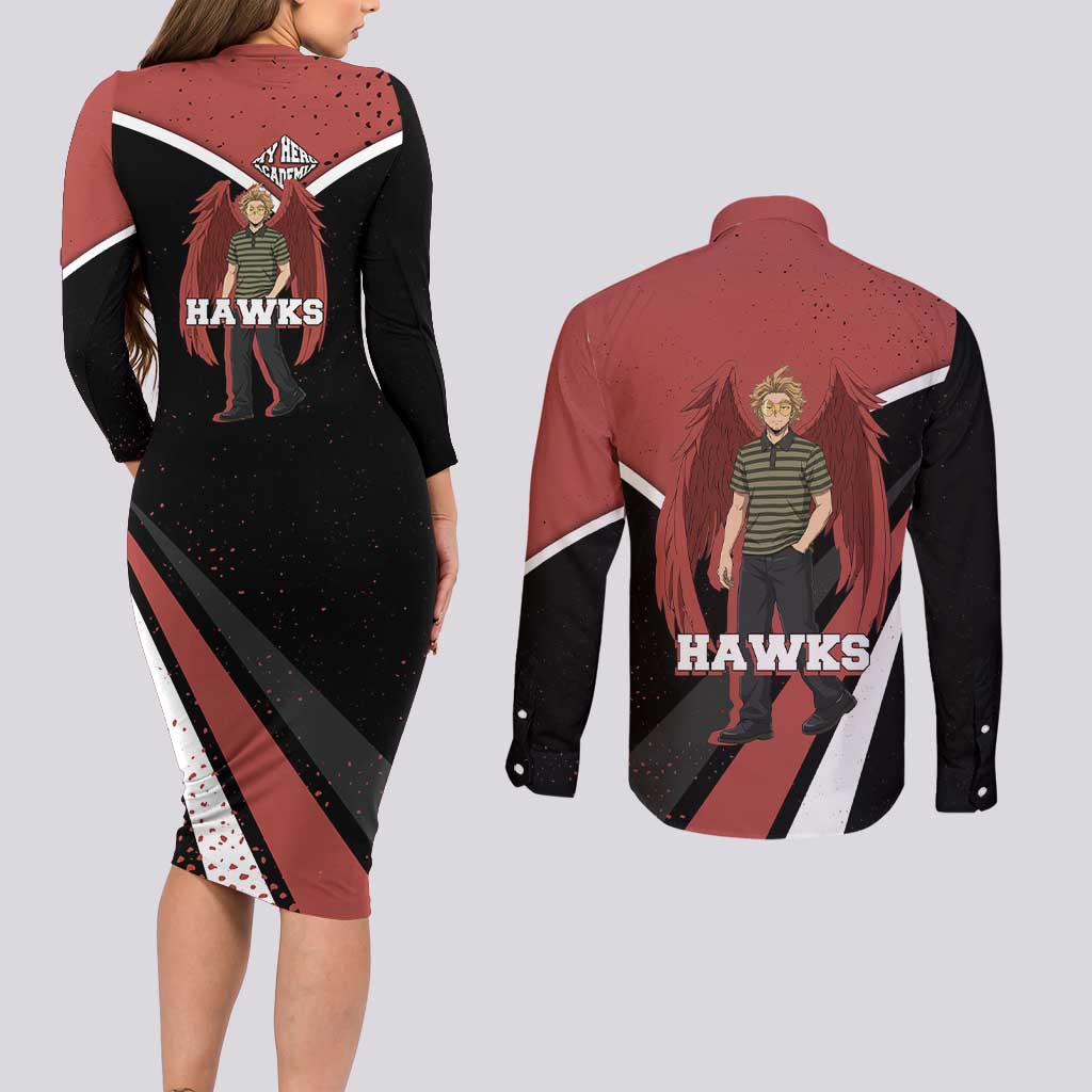 Hawks My Hero Academia Couples Matching Long Sleeve Bodycon Dress and Long Sleeve Button Shirt Anime Grunge Splatter Graphic Style