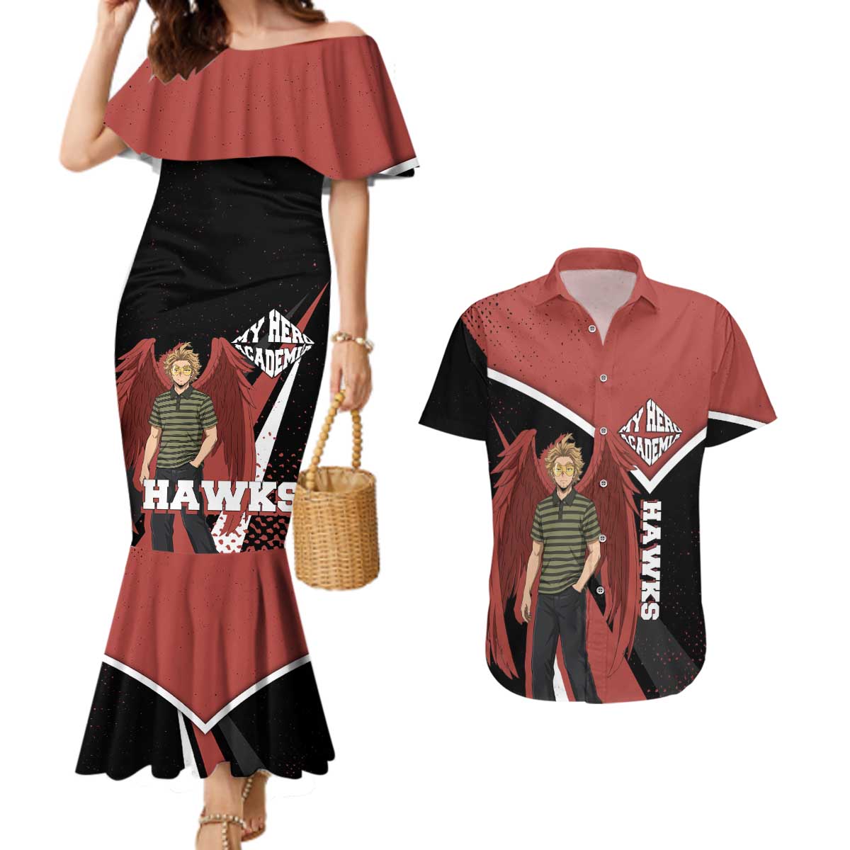 Hawks My Hero Academia Couples Matching Mermaid Dress and Hawaiian Shirt Anime Grunge Splatter Graphic Style