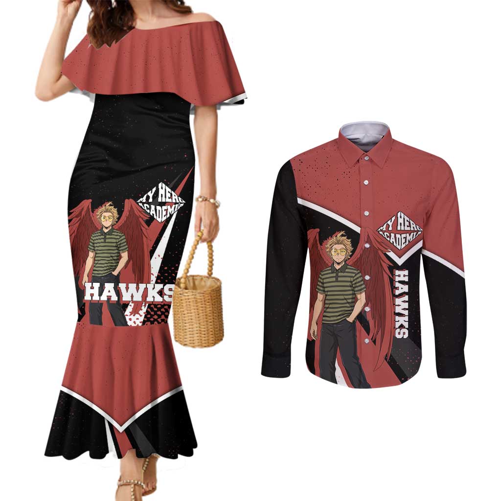 Hawks My Hero Academia Couples Matching Mermaid Dress and Long Sleeve Button Shirt Anime Grunge Splatter Graphic Style