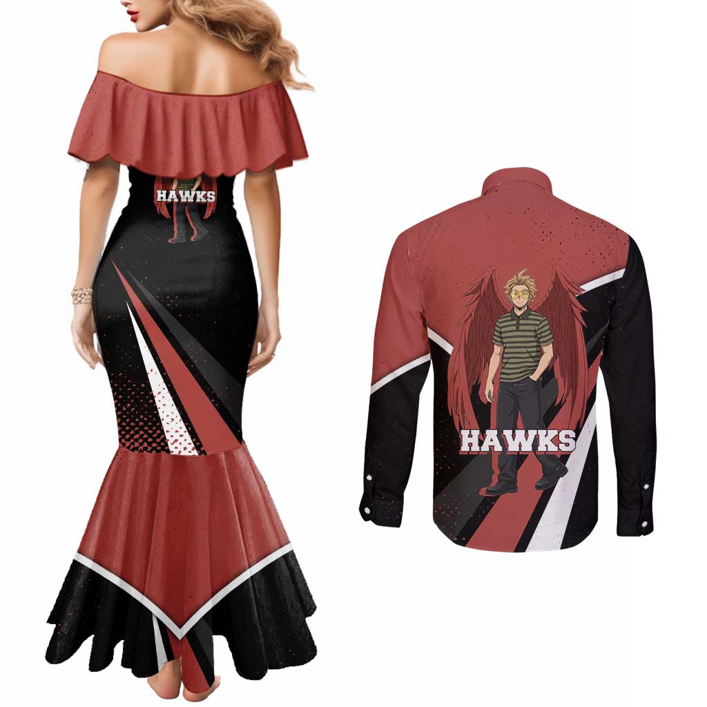 Hawks My Hero Academia Couples Matching Mermaid Dress and Long Sleeve Button Shirt Anime Grunge Splatter Graphic Style