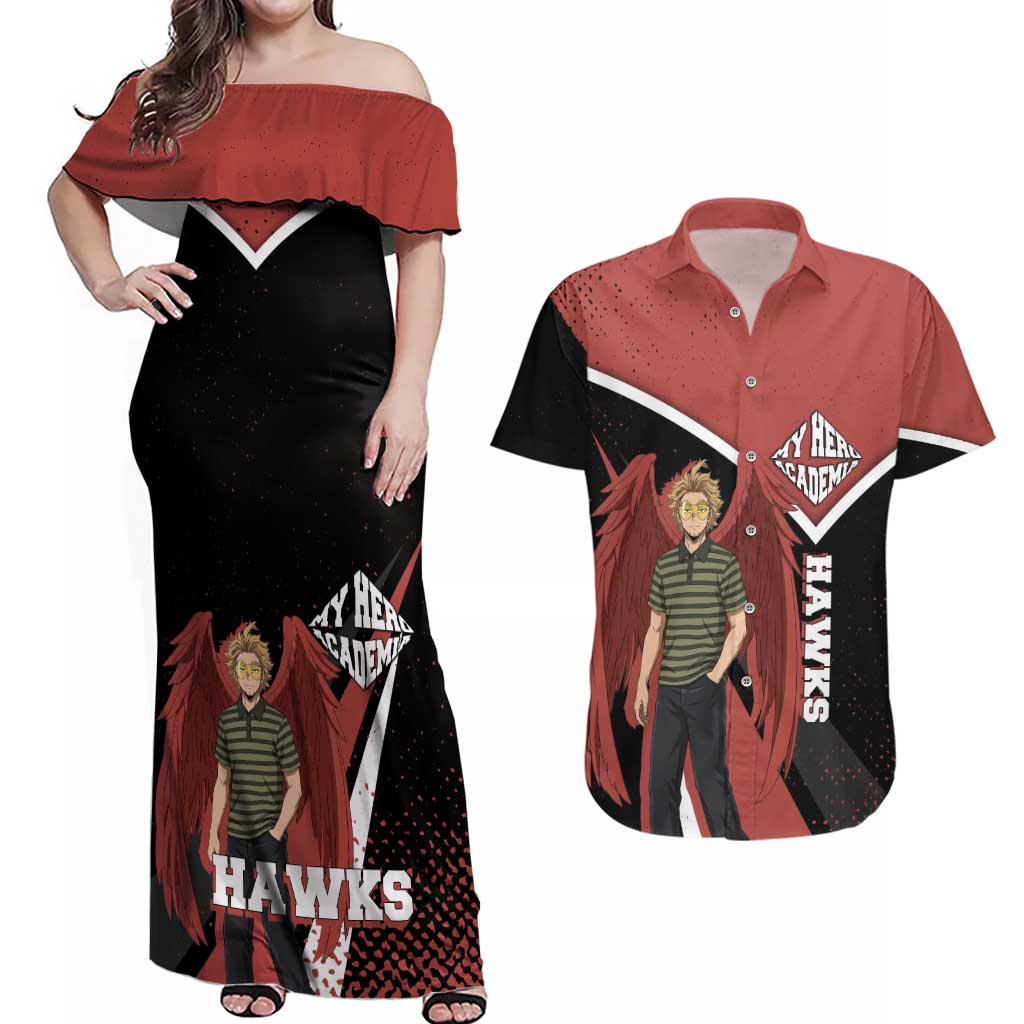 Hawks My Hero Academia Couples Matching Off Shoulder Maxi Dress and Hawaiian Shirt Anime Grunge Splatter Graphic Style