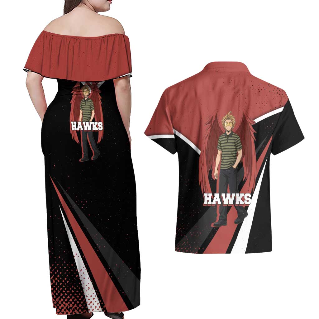 Hawks My Hero Academia Couples Matching Off Shoulder Maxi Dress and Hawaiian Shirt Anime Grunge Splatter Graphic Style