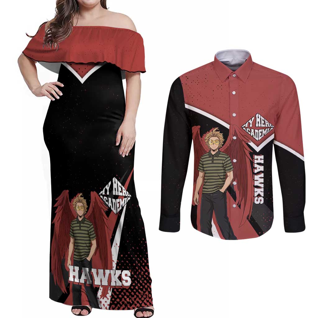 Hawks My Hero Academia Couples Matching Off Shoulder Maxi Dress and Long Sleeve Button Shirt Anime Grunge Splatter Graphic Style