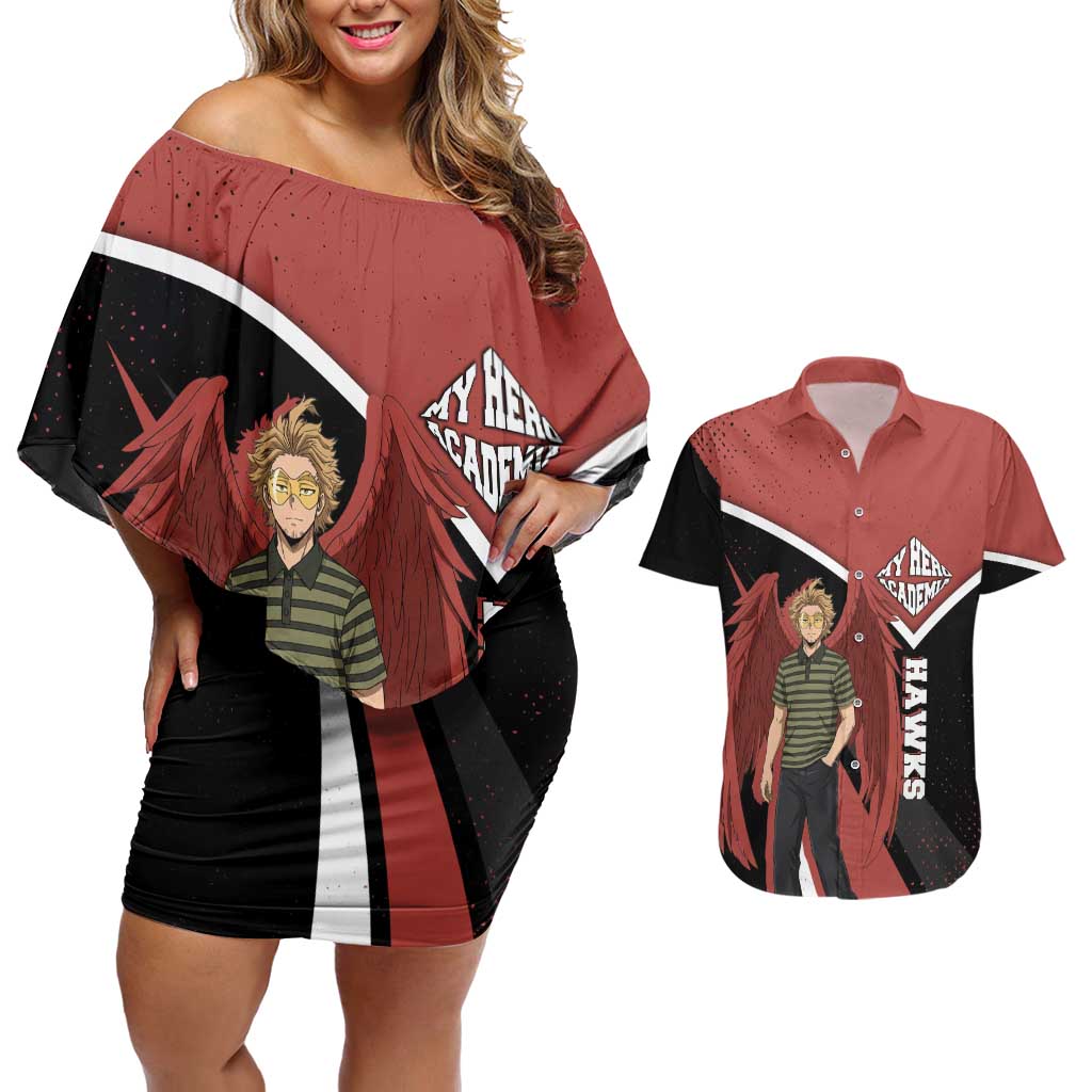 Hawks My Hero Academia Couples Matching Off Shoulder Short Dress and Hawaiian Shirt Anime Grunge Splatter Graphic Style