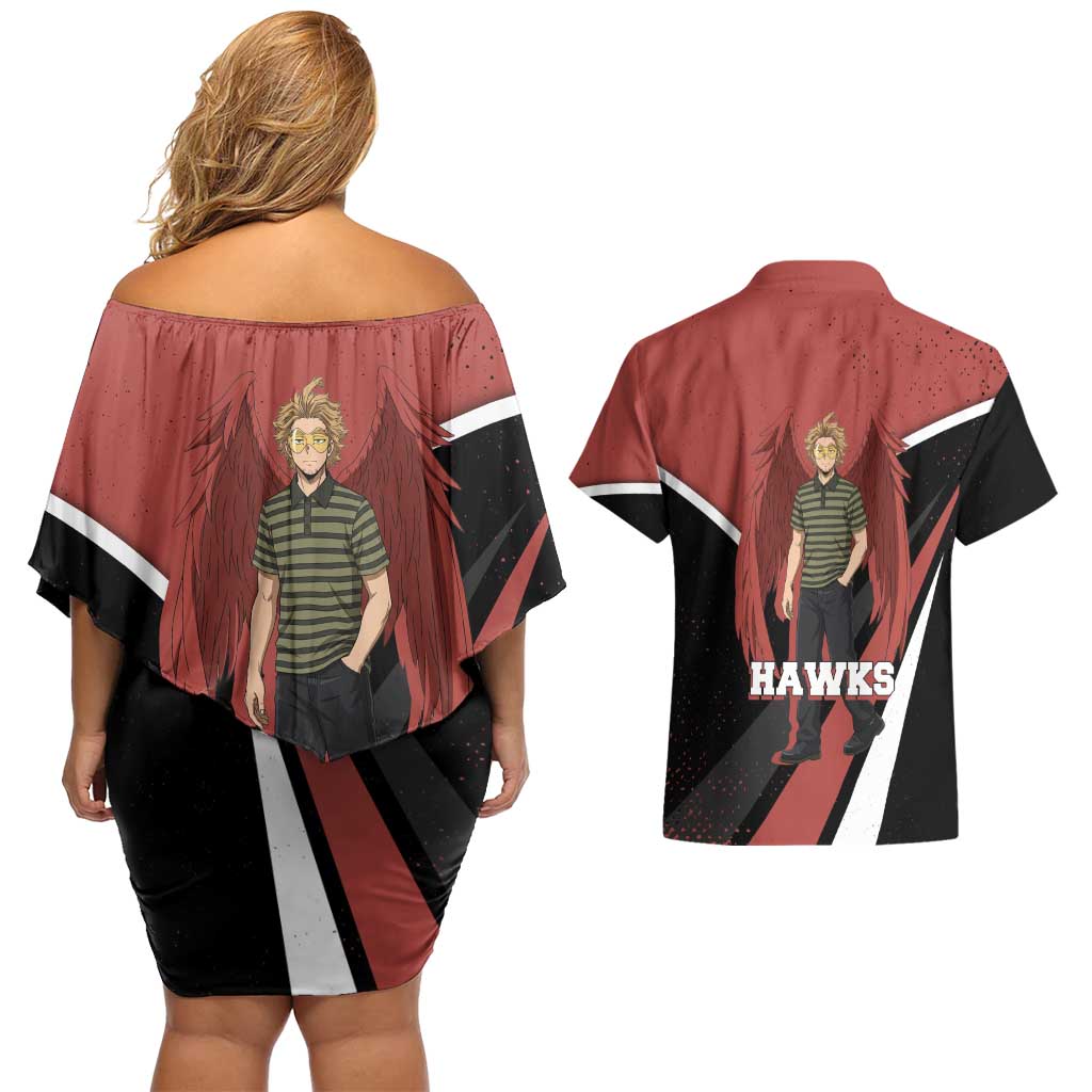 Hawks My Hero Academia Couples Matching Off Shoulder Short Dress and Hawaiian Shirt Anime Grunge Splatter Graphic Style