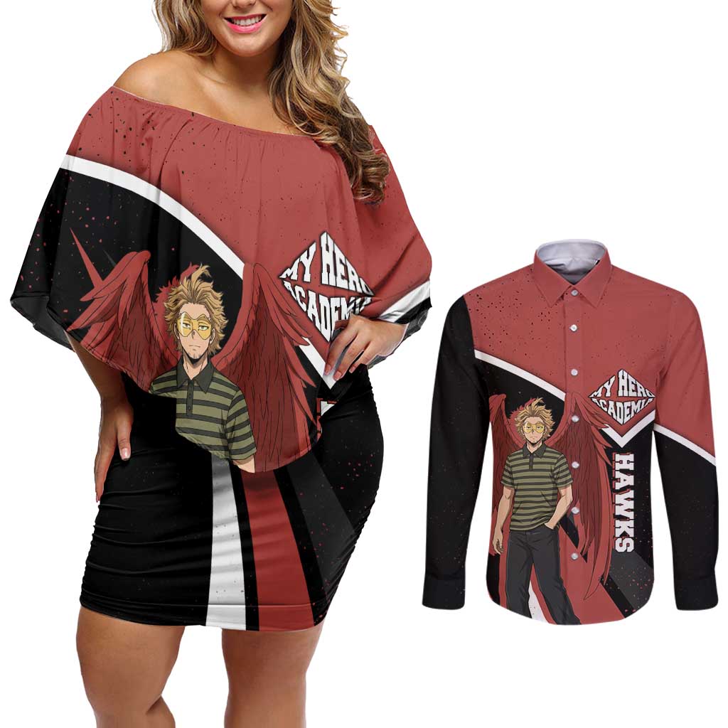 Hawks My Hero Academia Couples Matching Off Shoulder Short Dress and Long Sleeve Button Shirt Anime Grunge Splatter Graphic Style