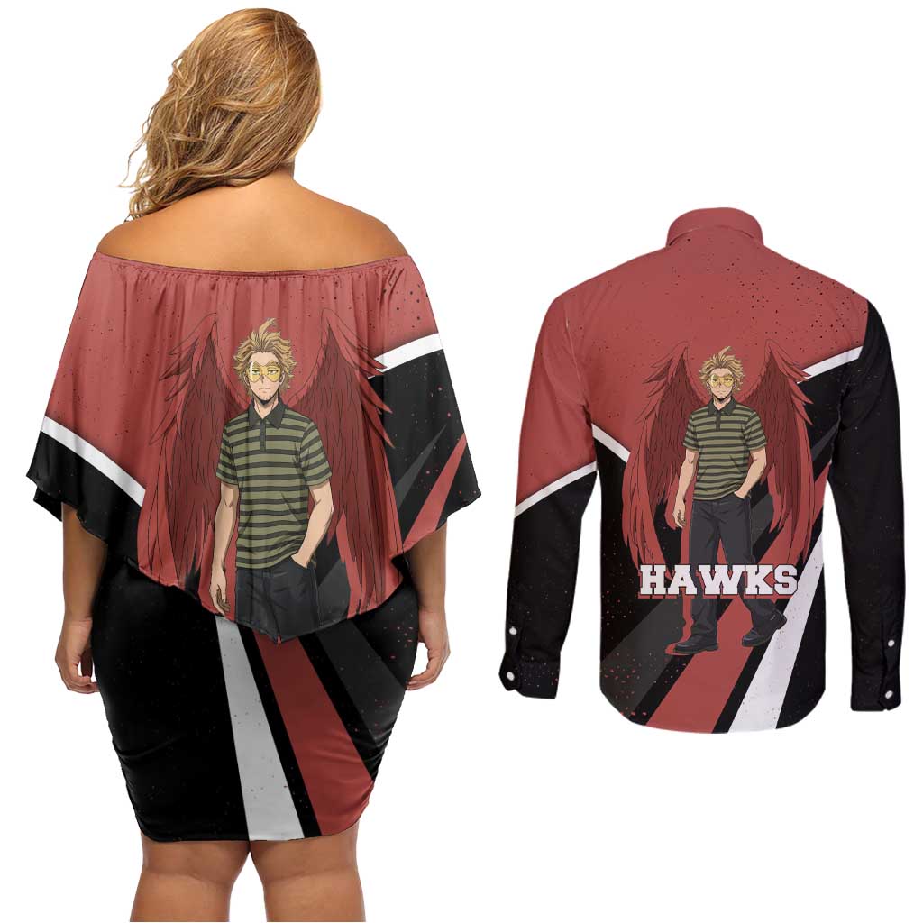 Hawks My Hero Academia Couples Matching Off Shoulder Short Dress and Long Sleeve Button Shirt Anime Grunge Splatter Graphic Style