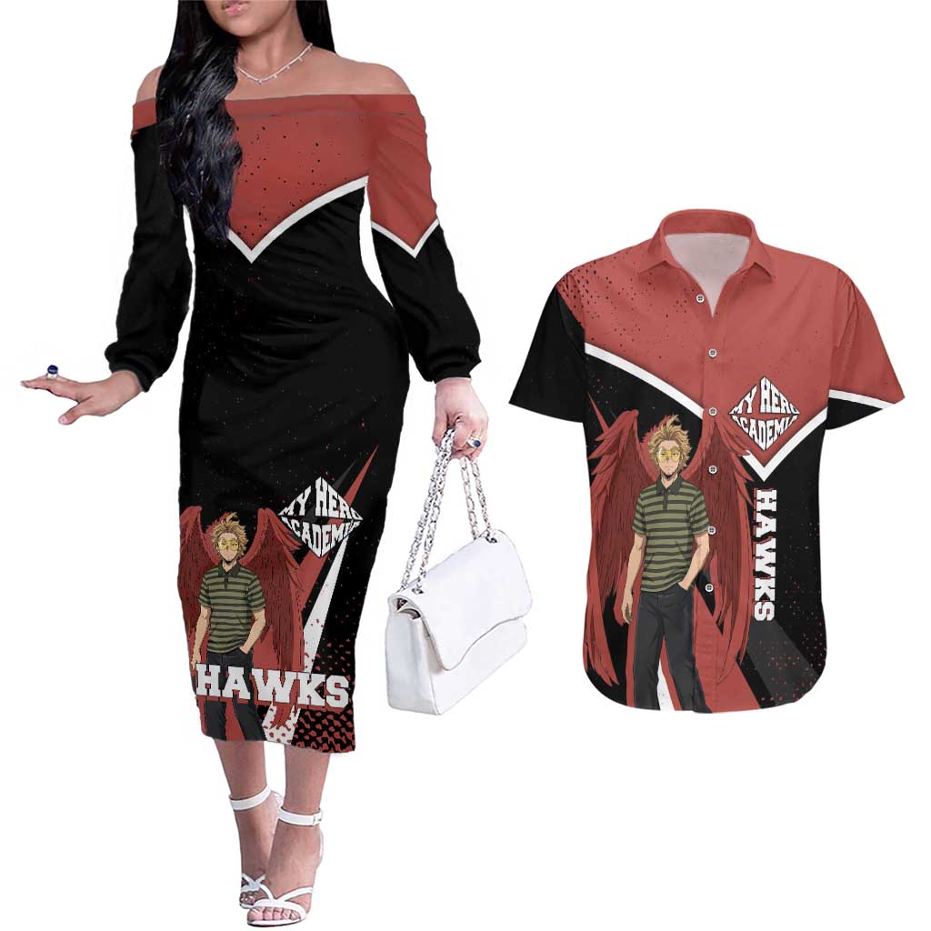 Hawks My Hero Academia Couples Matching Off The Shoulder Long Sleeve Dress and Hawaiian Shirt Anime Grunge Splatter Graphic Style