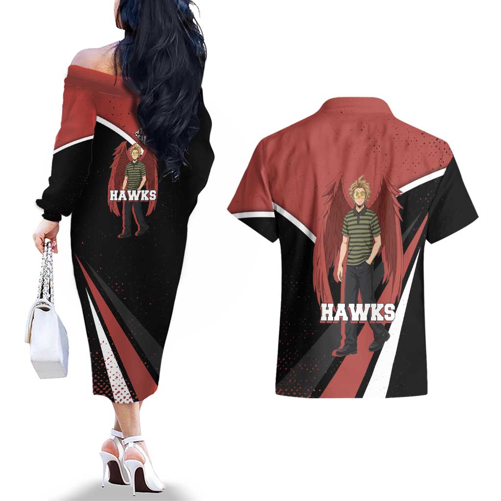 Hawks My Hero Academia Couples Matching Off The Shoulder Long Sleeve Dress and Hawaiian Shirt Anime Grunge Splatter Graphic Style