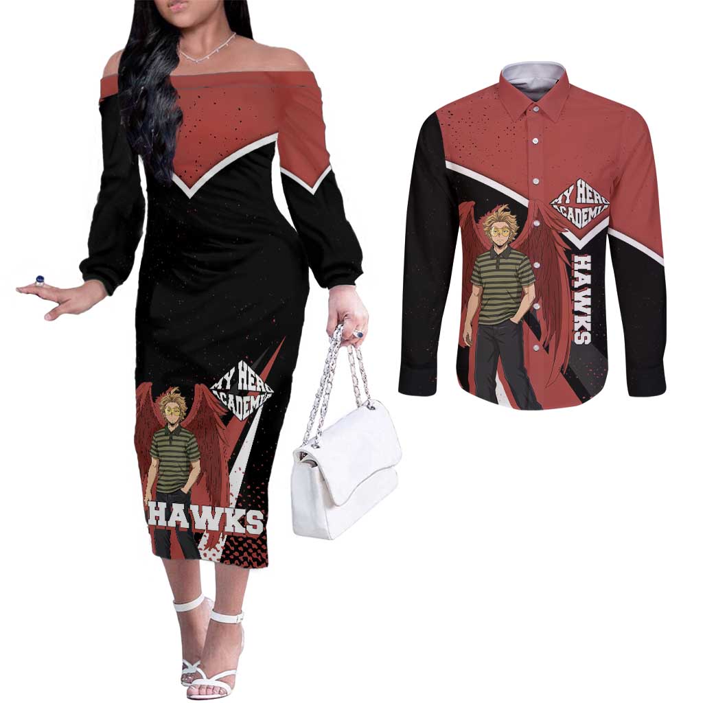 Hawks My Hero Academia Couples Matching Off The Shoulder Long Sleeve Dress and Long Sleeve Button Shirt Anime Grunge Splatter Graphic Style