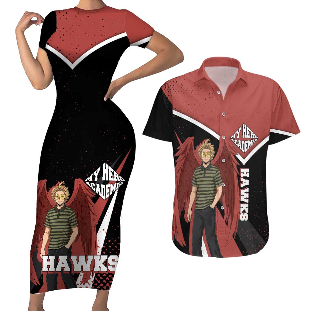Hawks My Hero Academia Couples Matching Short Sleeve Bodycon Dress and Hawaiian Shirt Anime Grunge Splatter Graphic Style