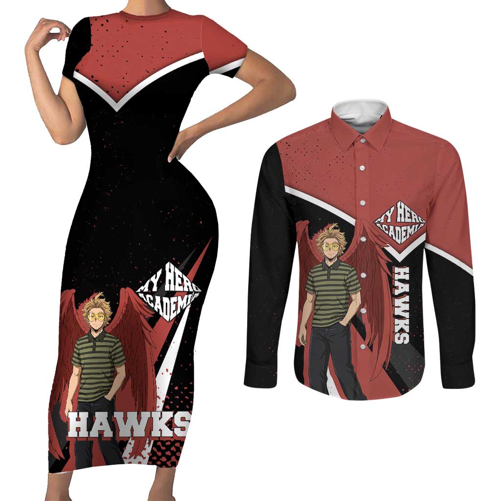 Hawks My Hero Academia Couples Matching Short Sleeve Bodycon Dress and Long Sleeve Button Shirt Anime Grunge Splatter Graphic Style