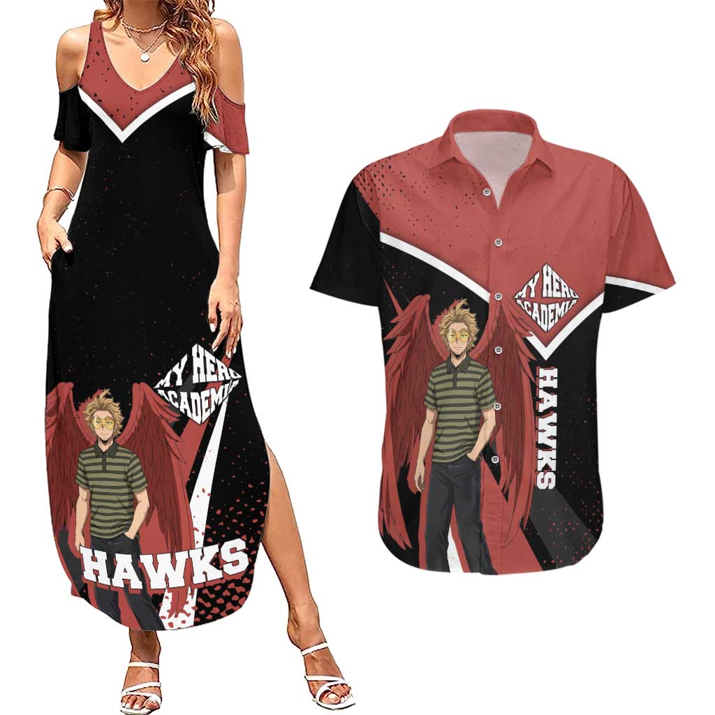 Hawks My Hero Academia Couples Matching Summer Maxi Dress and Hawaiian Shirt Anime Grunge Splatter Graphic Style
