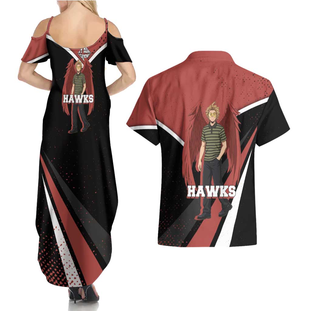 Hawks My Hero Academia Couples Matching Summer Maxi Dress and Hawaiian Shirt Anime Grunge Splatter Graphic Style