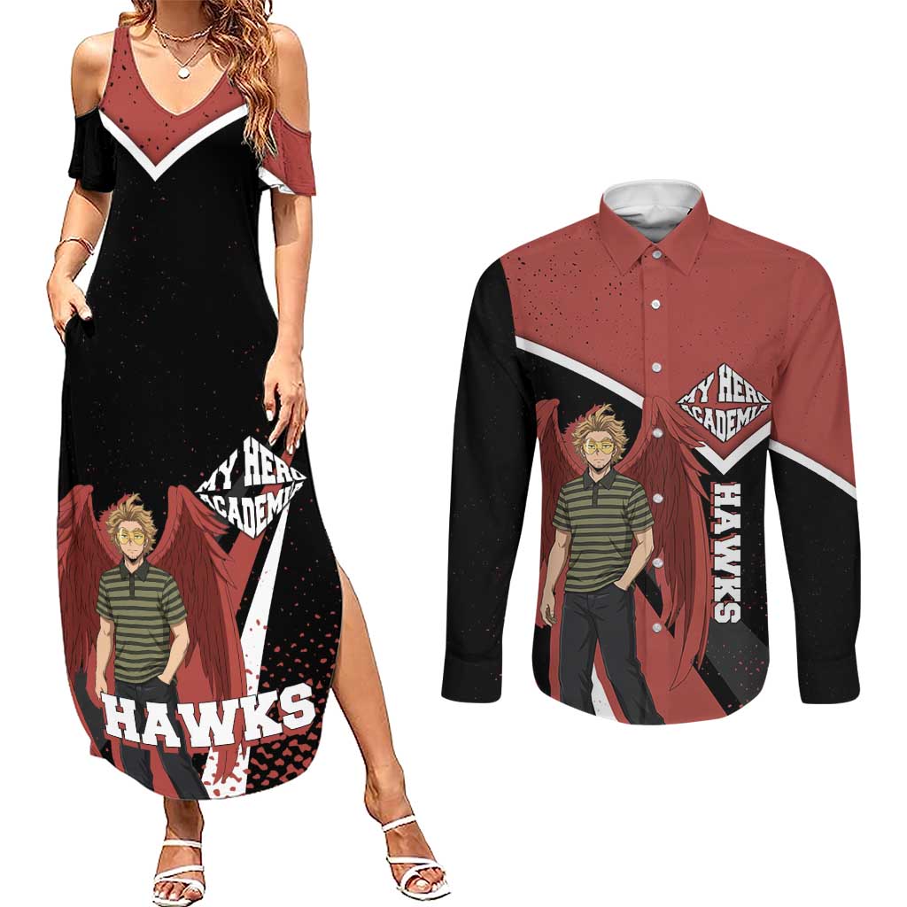 Hawks My Hero Academia Couples Matching Summer Maxi Dress and Long Sleeve Button Shirt Anime Grunge Splatter Graphic Style