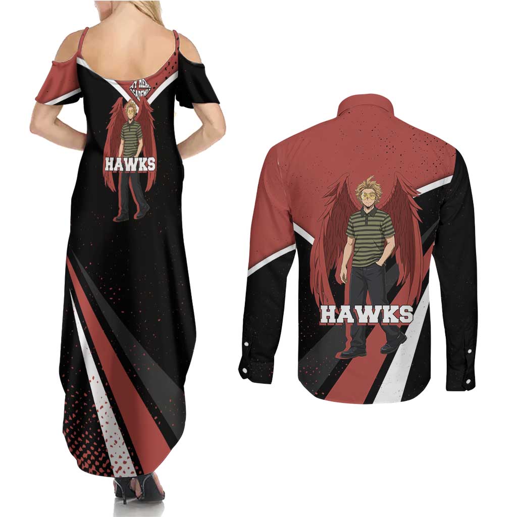 Hawks My Hero Academia Couples Matching Summer Maxi Dress and Long Sleeve Button Shirt Anime Grunge Splatter Graphic Style