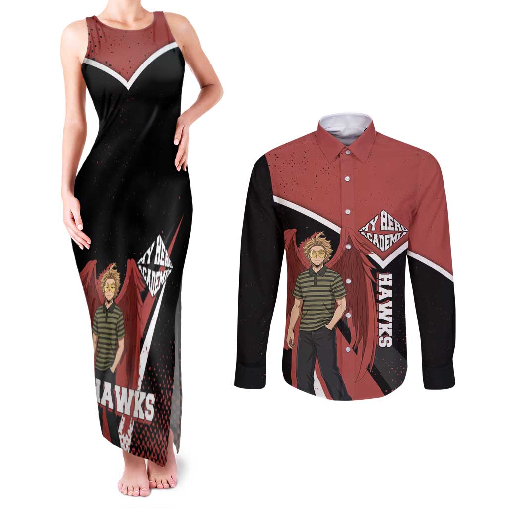 Hawks My Hero Academia Couples Matching Tank Maxi Dress and Long Sleeve Button Shirt Anime Grunge Splatter Graphic Style