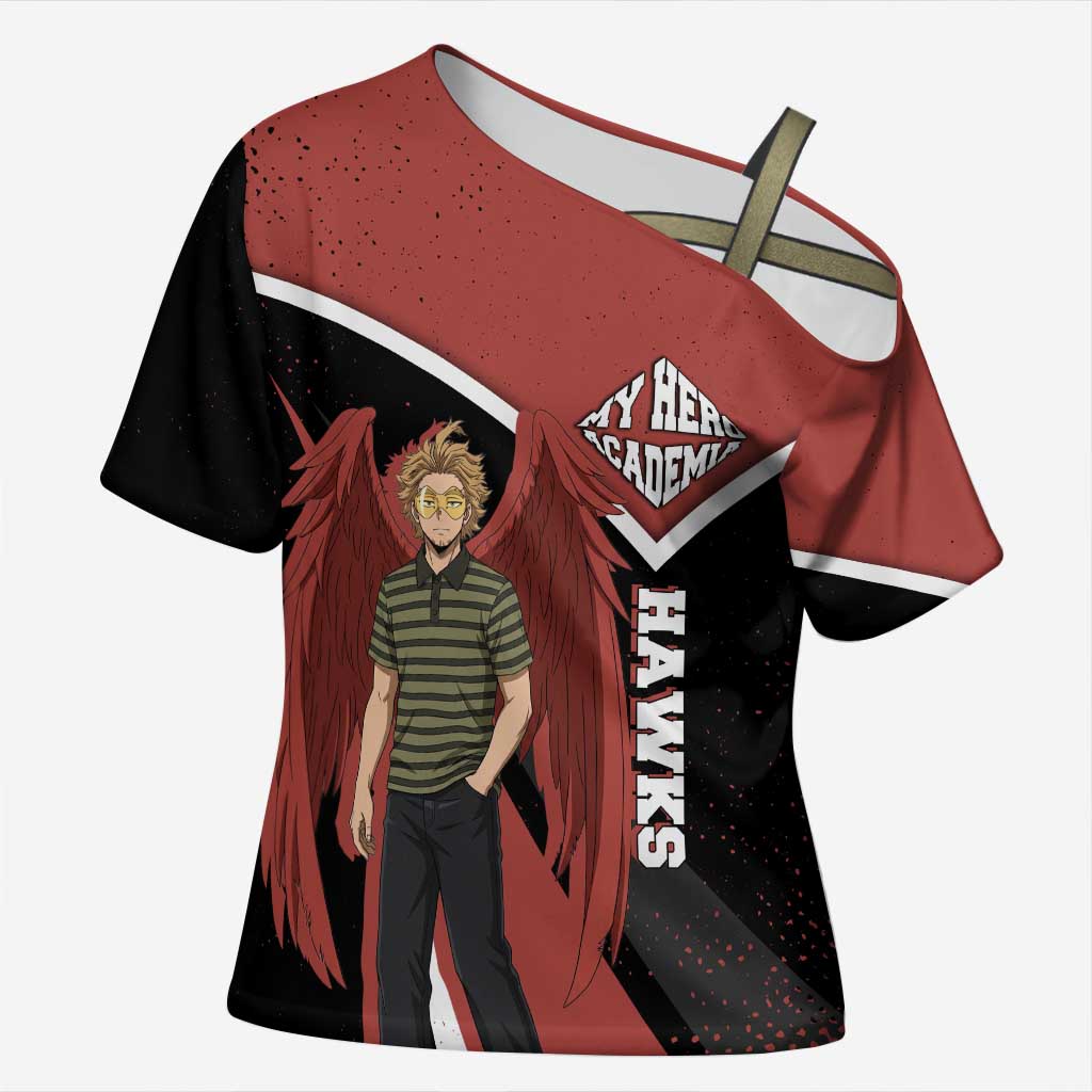 Hawks My Hero Academia Cross Shoulder Shirt Anime Grunge Splatter Graphic Style