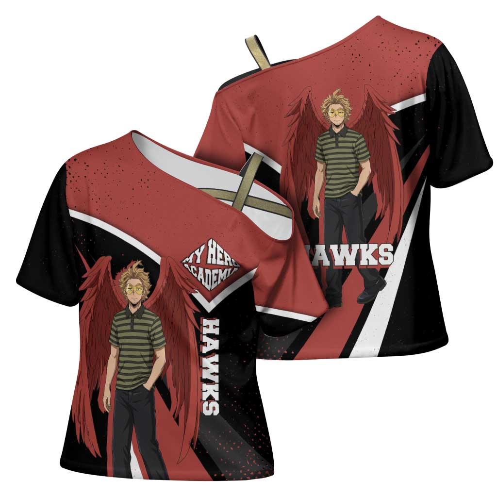 Hawks My Hero Academia Cross Shoulder Shirt Anime Grunge Splatter Graphic Style