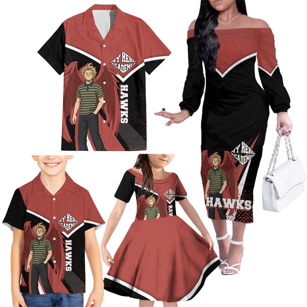 Hawks My Hero Academia Family Matching Off The Shoulder Long Sleeve Dress and Hawaiian Shirt Anime Grunge Splatter Graphic Style