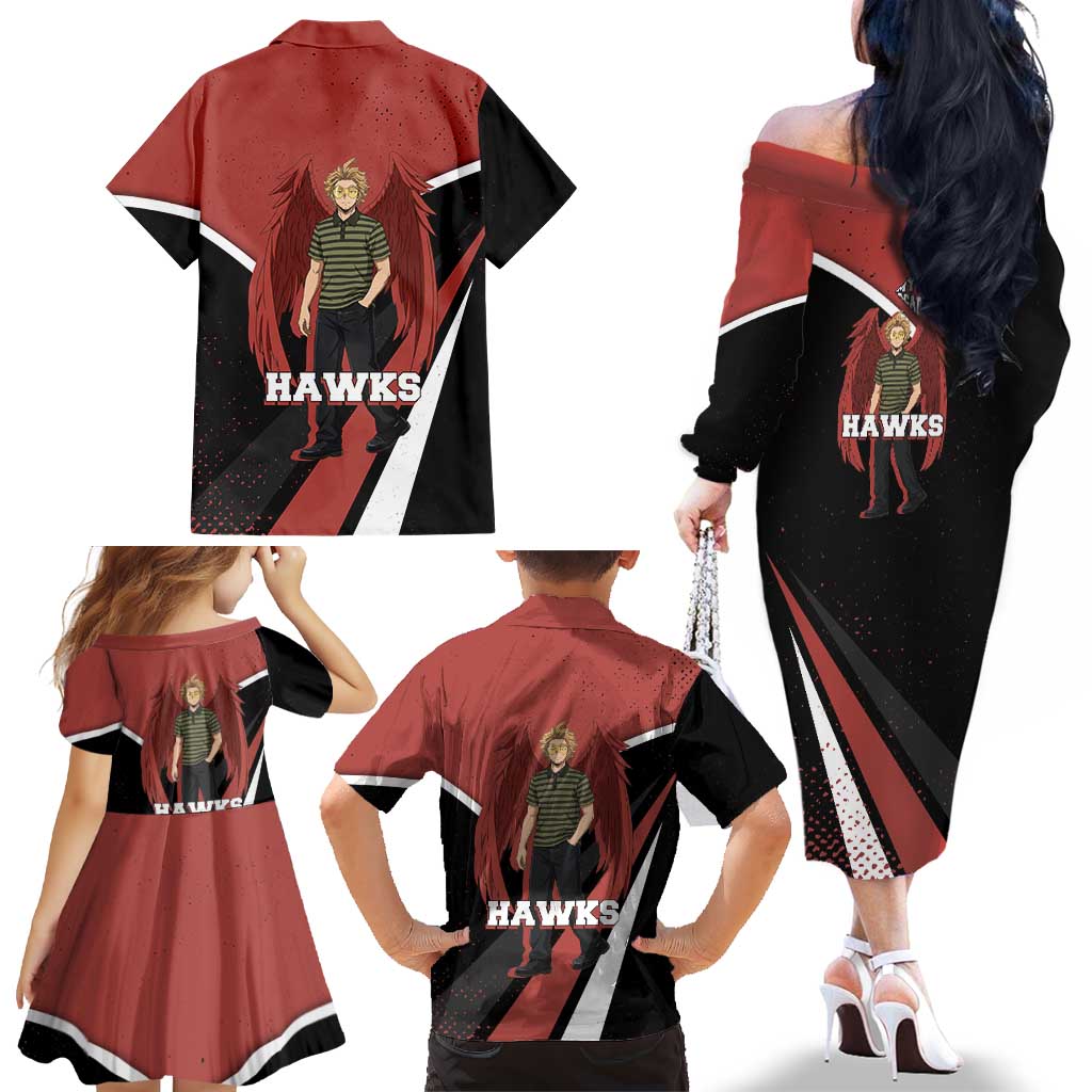 Hawks My Hero Academia Family Matching Off The Shoulder Long Sleeve Dress and Hawaiian Shirt Anime Grunge Splatter Graphic Style