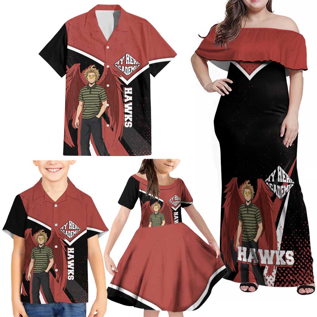 Hawks My Hero Academia Family Matching Off Shoulder Maxi Dress and Hawaiian Shirt Anime Grunge Splatter Graphic Style