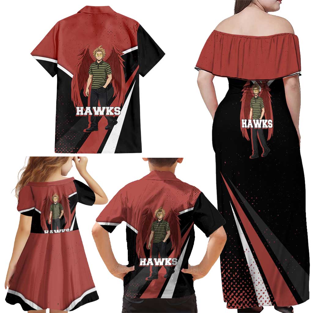 Hawks My Hero Academia Family Matching Off Shoulder Maxi Dress and Hawaiian Shirt Anime Grunge Splatter Graphic Style