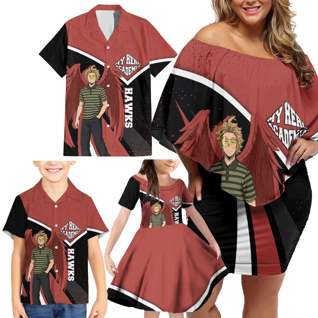 Hawks My Hero Academia Family Matching Off Shoulder Short Dress and Hawaiian Shirt Anime Grunge Splatter Graphic Style