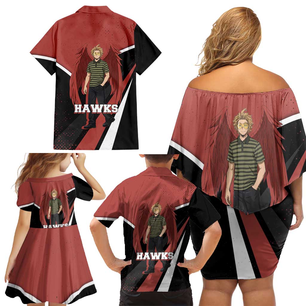 Hawks My Hero Academia Family Matching Off Shoulder Short Dress and Hawaiian Shirt Anime Grunge Splatter Graphic Style