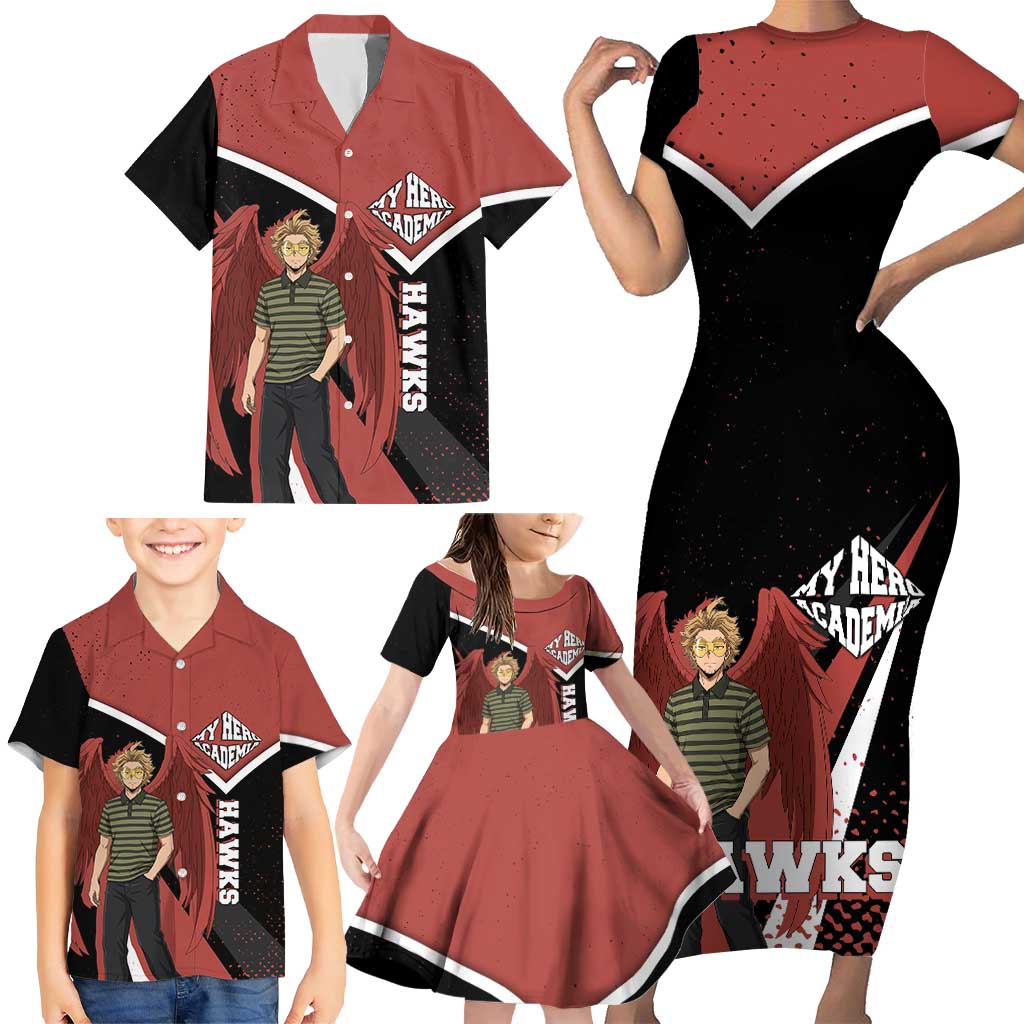 Hawks My Hero Academia Family Matching Short Sleeve Bodycon Dress and Hawaiian Shirt Anime Grunge Splatter Graphic Style