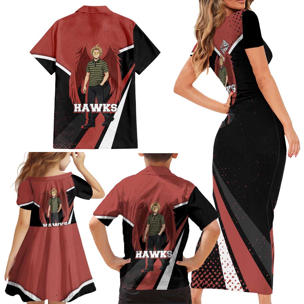 Hawks My Hero Academia Family Matching Short Sleeve Bodycon Dress and Hawaiian Shirt Anime Grunge Splatter Graphic Style