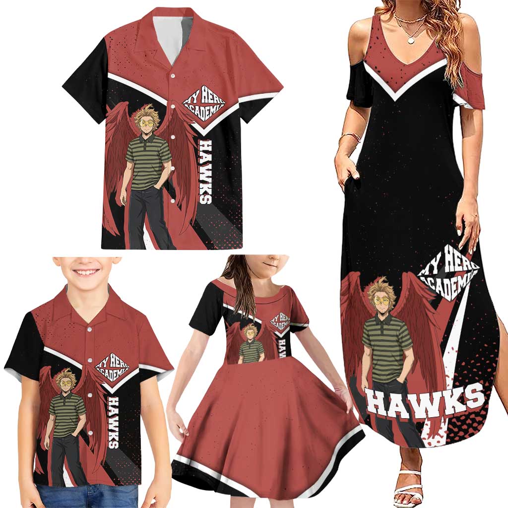 Hawks My Hero Academia Family Matching Summer Maxi Dress and Hawaiian Shirt Anime Grunge Splatter Graphic Style