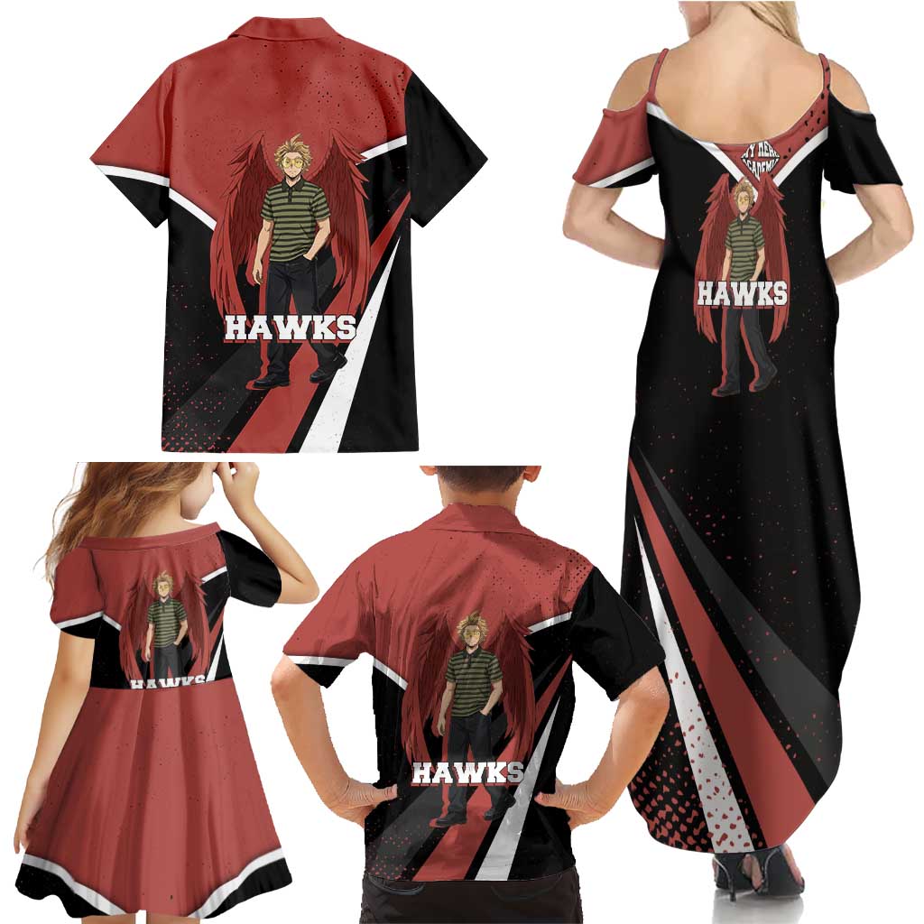 Hawks My Hero Academia Family Matching Summer Maxi Dress and Hawaiian Shirt Anime Grunge Splatter Graphic Style