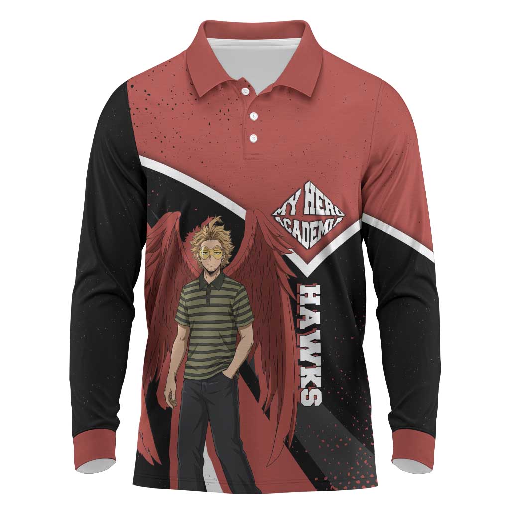 Hawks My Hero Academia Long Sleeve Polo Shirt Anime Grunge Splatter Graphic Style
