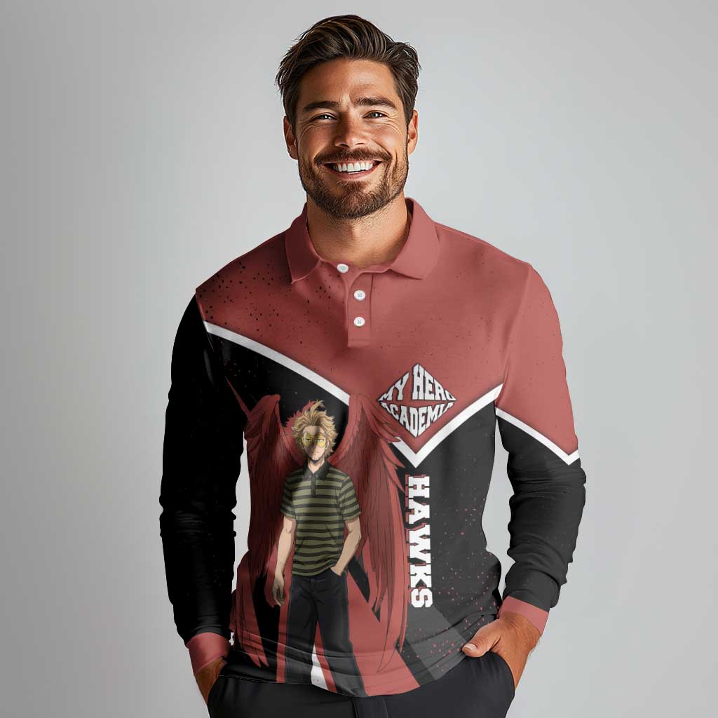 Hawks My Hero Academia Long Sleeve Polo Shirt Anime Grunge Splatter Graphic Style