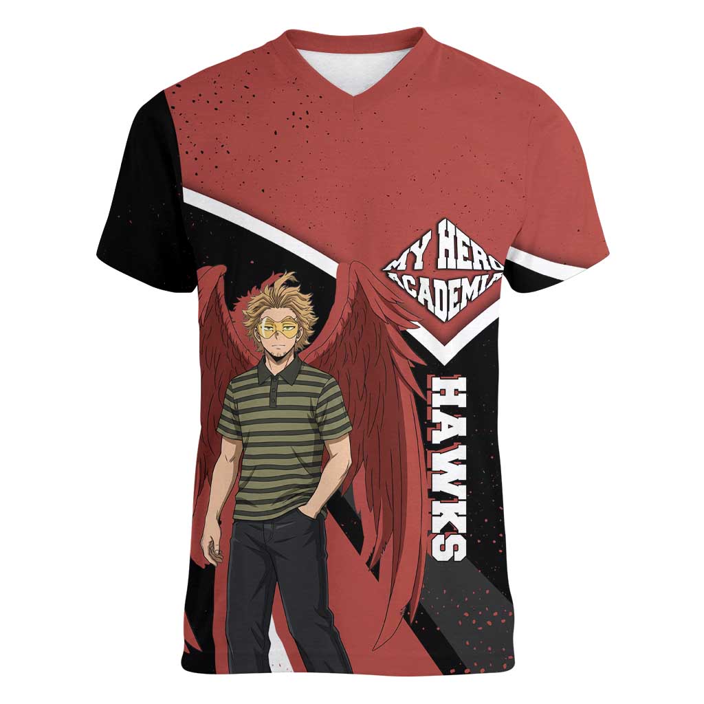 Hawks My Hero Academia Women V-Neck T-Shirt Anime Grunge Splatter Graphic Style